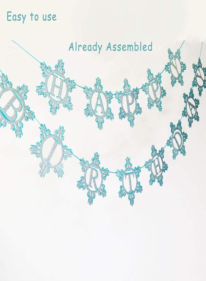 Festiko® Glittering Snowflake Frozen Happy Birthday Banner （Already Assembled）Blue & White, Frozen Birthday Party Supplies， Winter Wonderland Snow Princess Birthday Party Decorations for Girl and Kids - Image 2